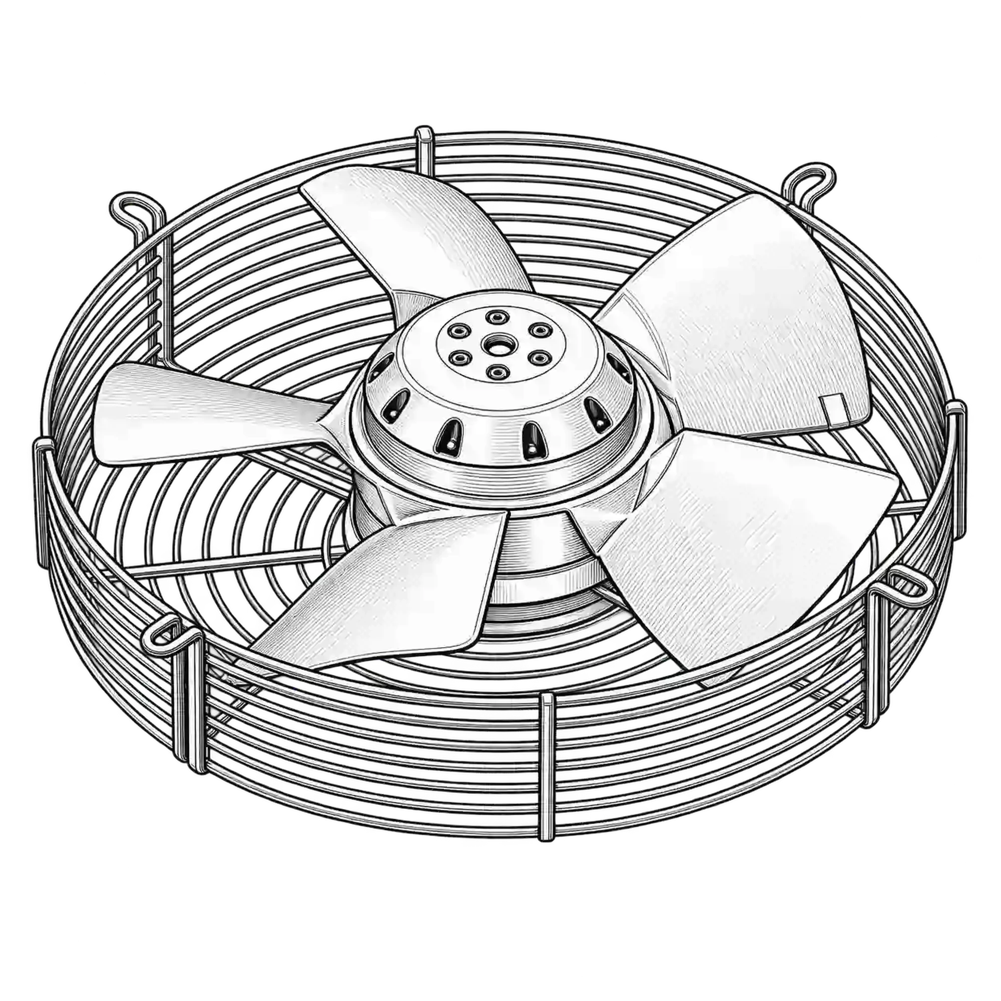 Technische Illustration eines Axialventilators mit Schutzgitter, Symbolbild