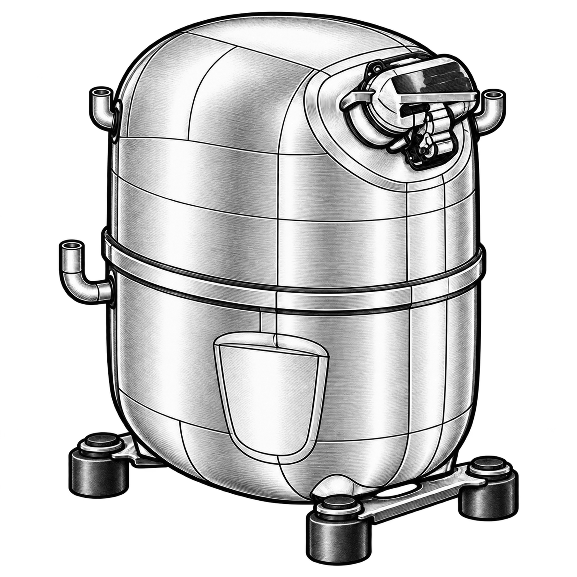 Technische Illustration eines hermetischen Kältemittelverdichters mit Klemmenabdeckung und Rohrstutzen, Symbolbild