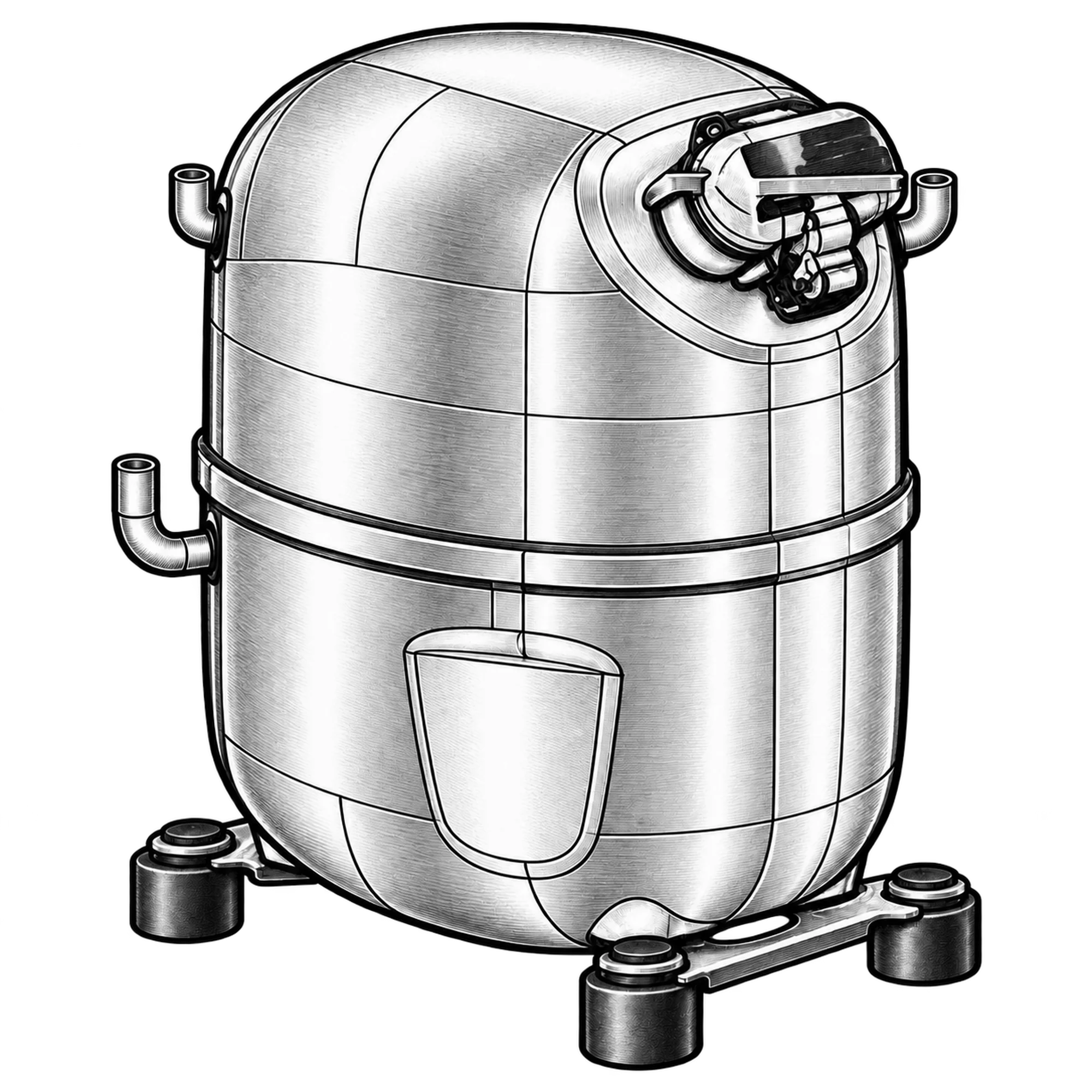 Technische Illustration eines hermetischen Kältemittelverdichters mit Klemmenabdeckung und Rohrstutzen, Symbolbild