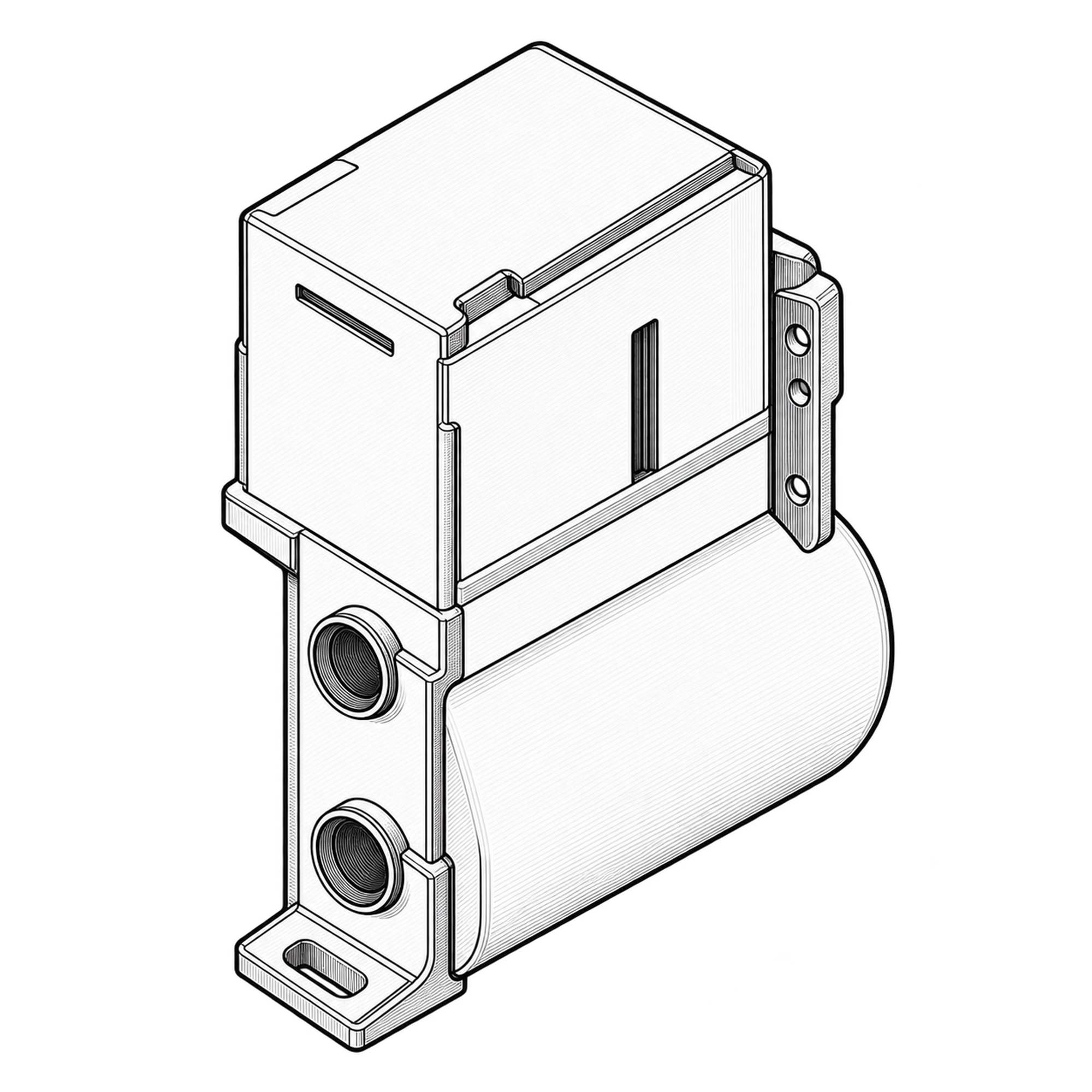 Technische Illustration einer Verdichter-Elektrobox mit Deckel, Kabeldurchführungen und Befestigungslasche, Symbolbild
