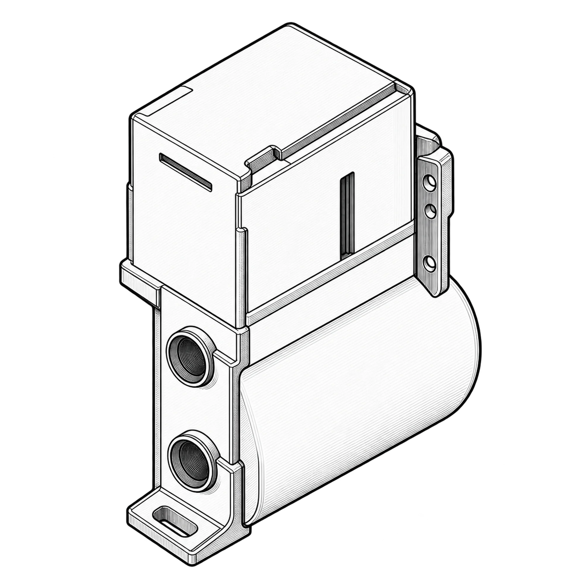 Technische Illustration einer Verdichter-Elektrobox mit Deckel, Kabeldurchführungen und Befestigungslasche, Symbolbild