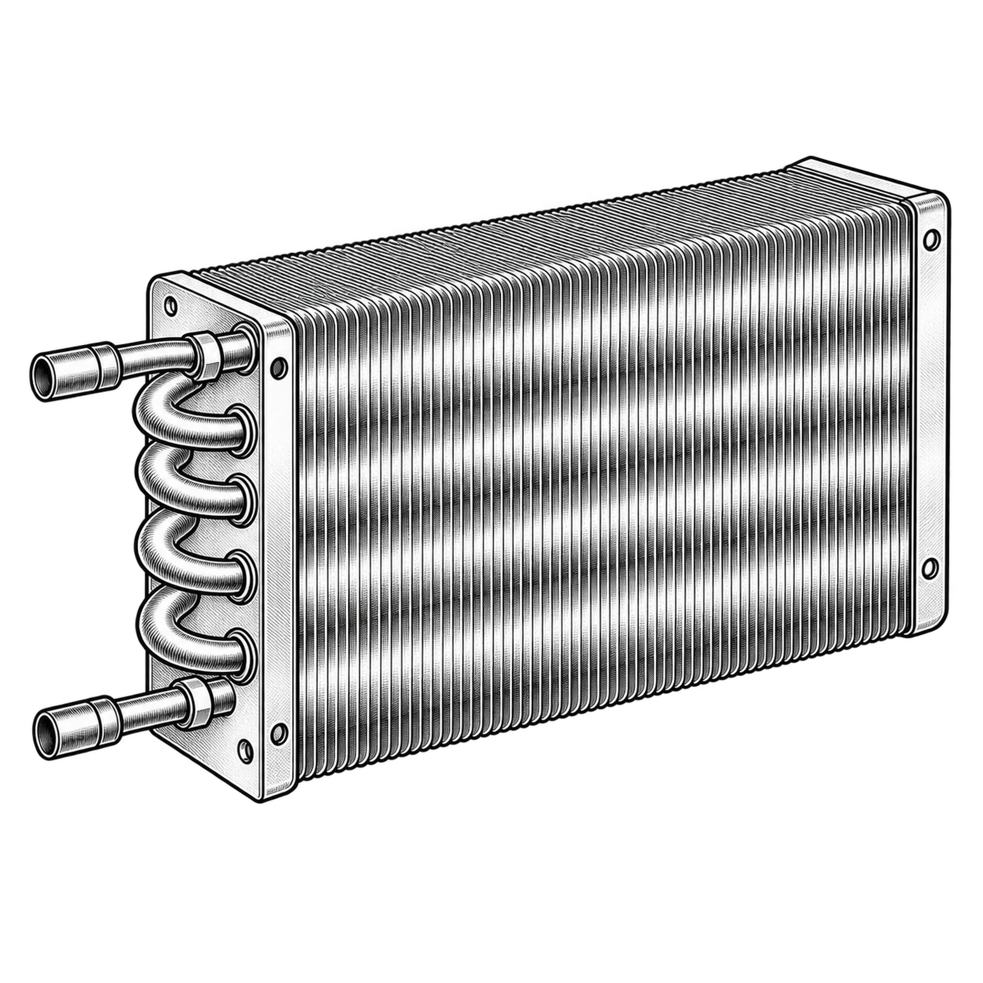 Technische Illustration eines Lamellen-Verdampferblocks mit Rohrbögen, Symbolbild