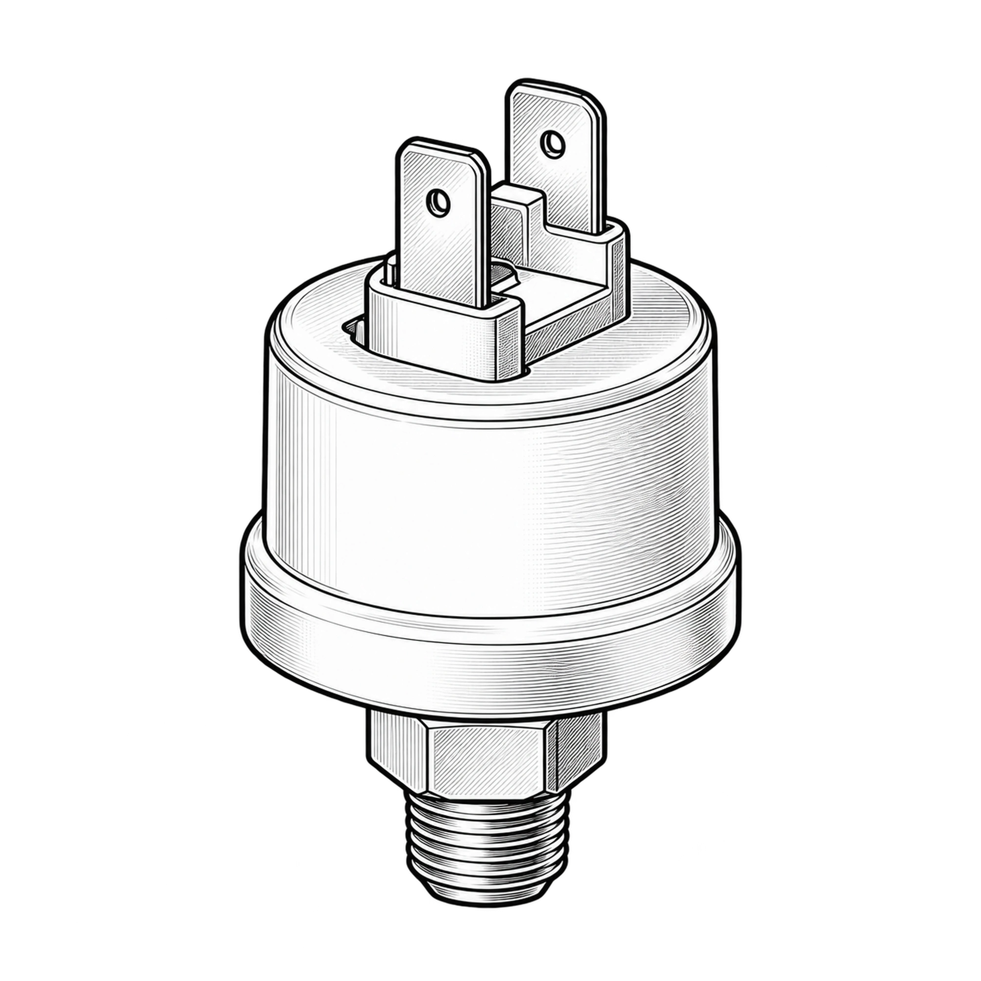 Technische Illustration eines Druckschalters mit Flachsteckern und Anschlussgewinde, Symbolbild