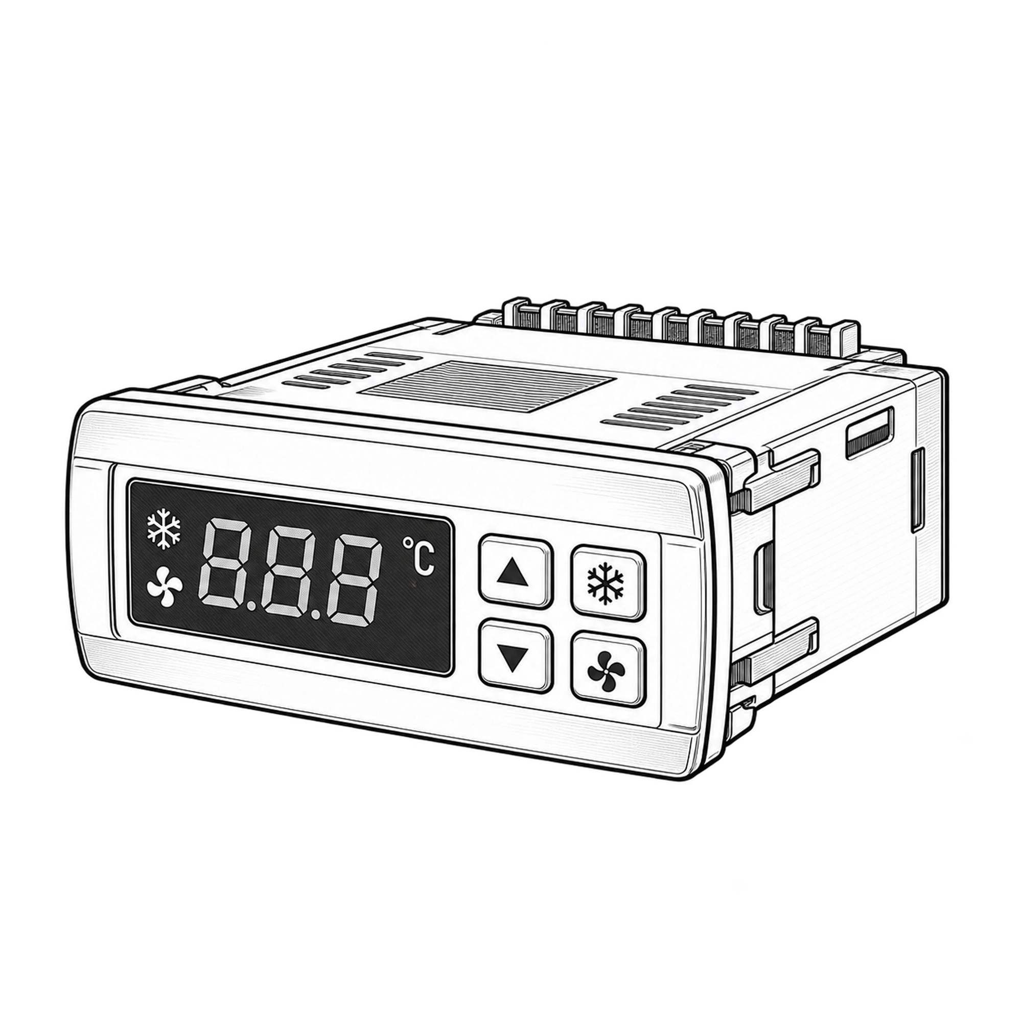 Technische Illustration eines digitalen Kühlstellenreglers mit Display und Bedientasten, Symbolbild