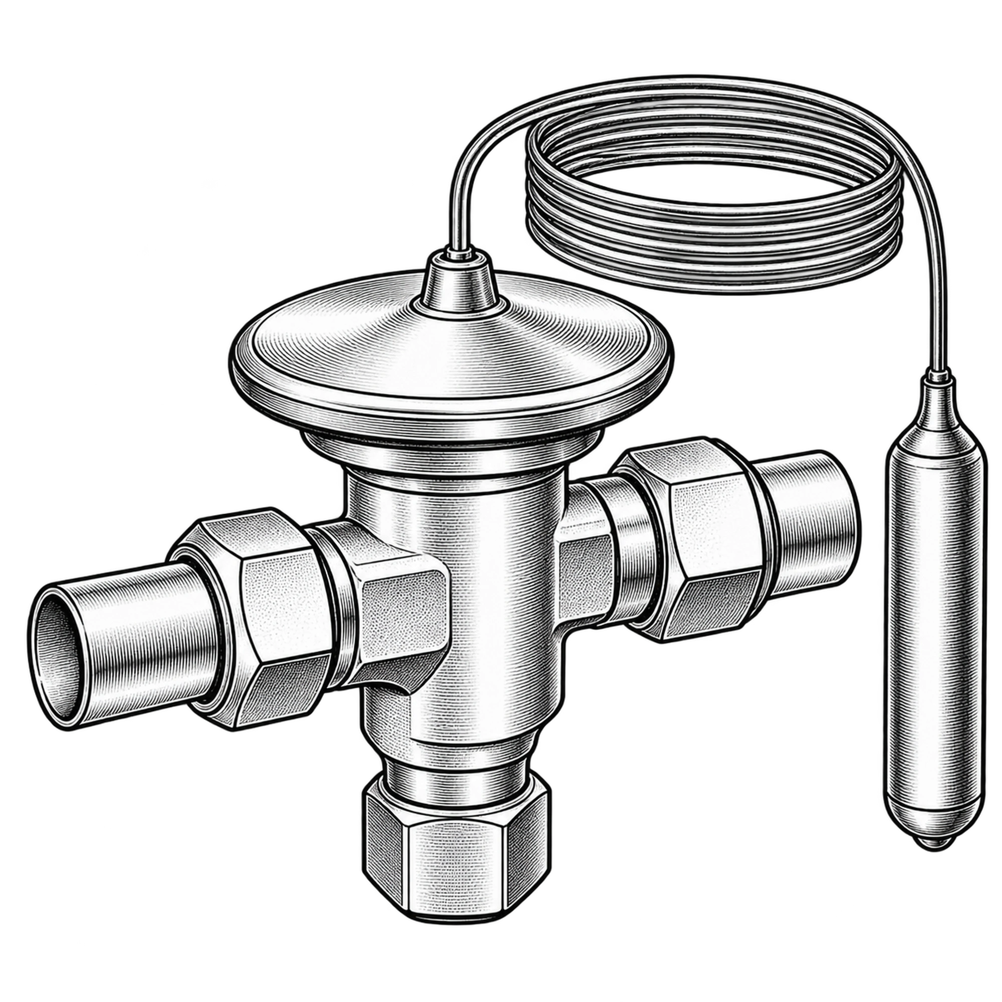 Technische Illustration eines thermostatischen Expansionsventils mit Kapillarrohr und Fühler, Symbolbild