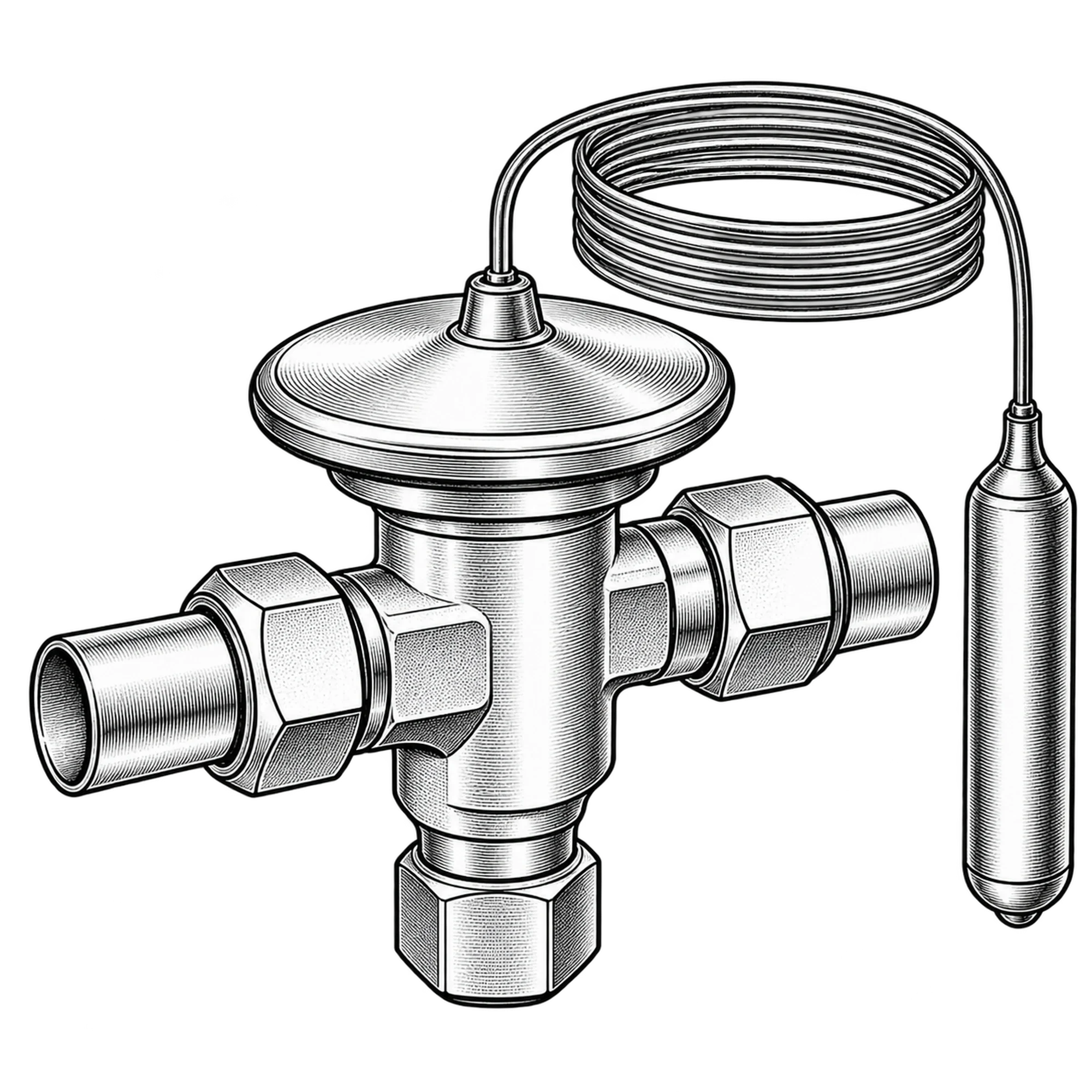 Technische Illustration eines thermostatischen Expansionsventils mit Kapillarrohr und Fühler, Symbolbild