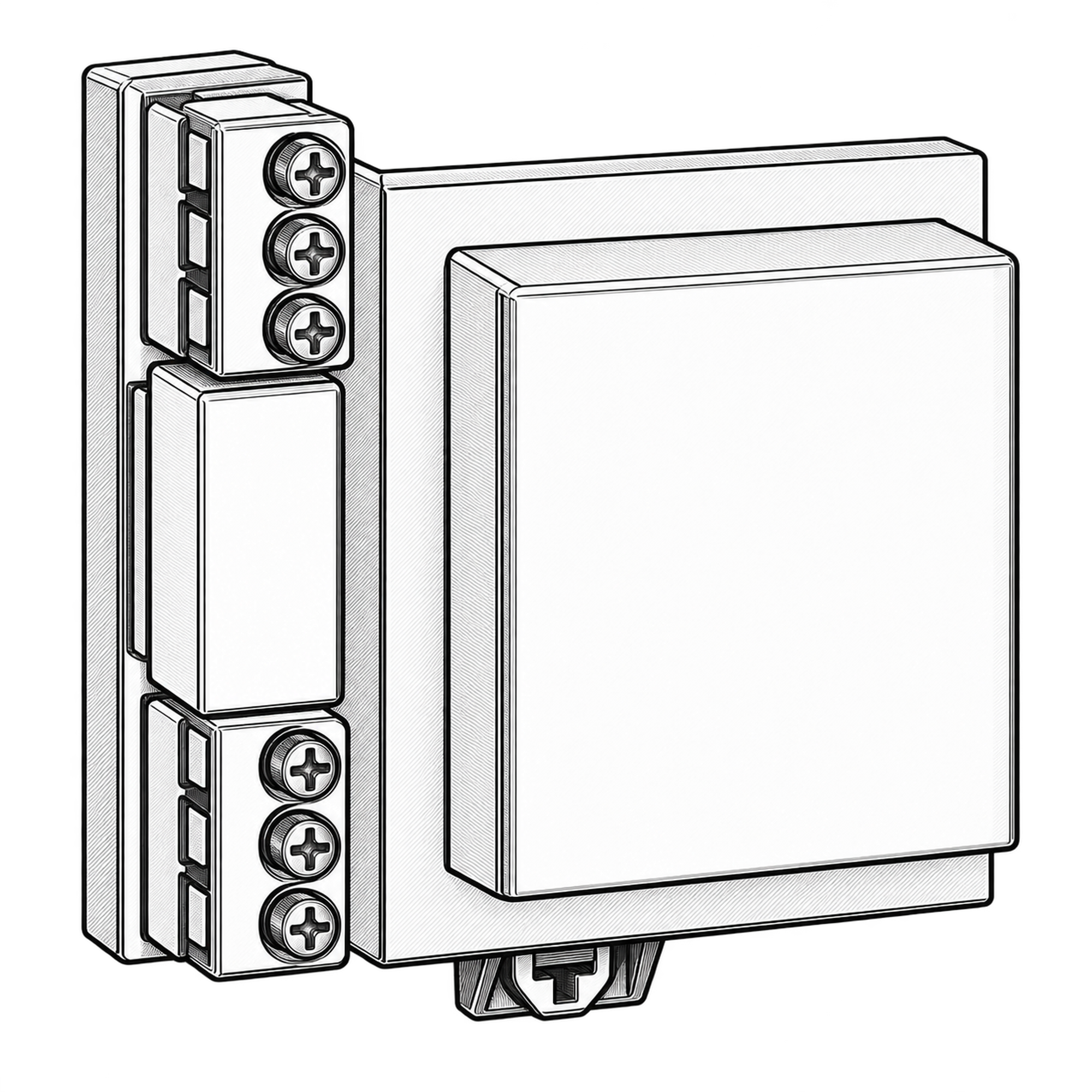 Technische Illustration eines Steuertransformators mit seitlicher Schraubklemmleiste auf Montageplatte, Symbolbild
