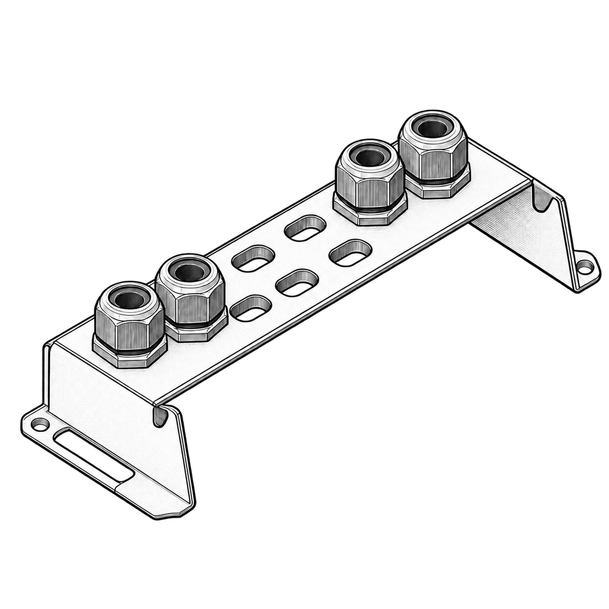 Technische Illustration eines abgekanteten Blechprofils mit Bohrungen und vier Kabelverschraubungen, Symbolbild