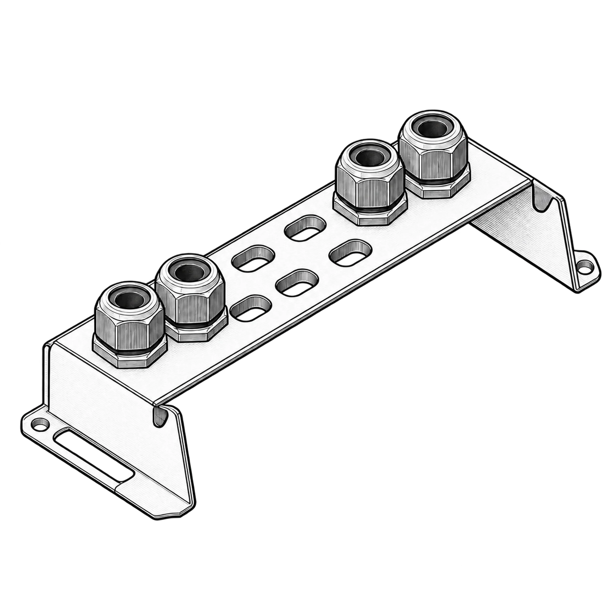 Technische Illustration eines abgekanteten Blechprofils mit Bohrungen und vier Kabelverschraubungen, Symbolbild