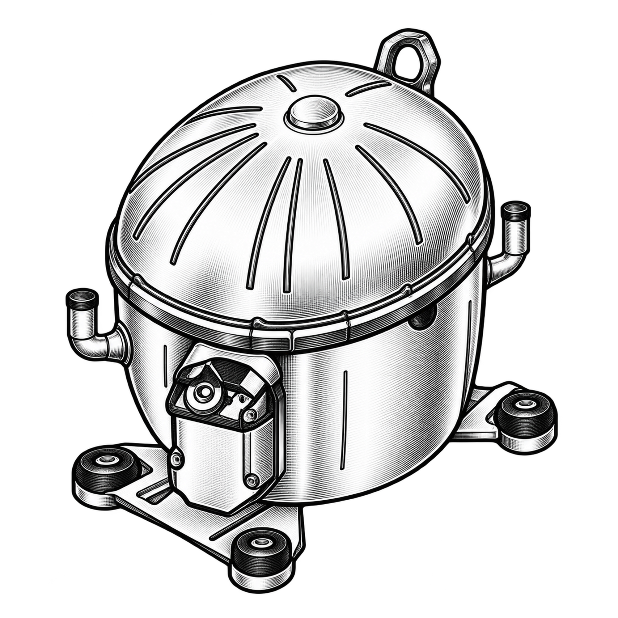 Technische Illustration eines hermetischen Kältemittelverdichters mit gesickter Haube und Transportöse, Symbolbild