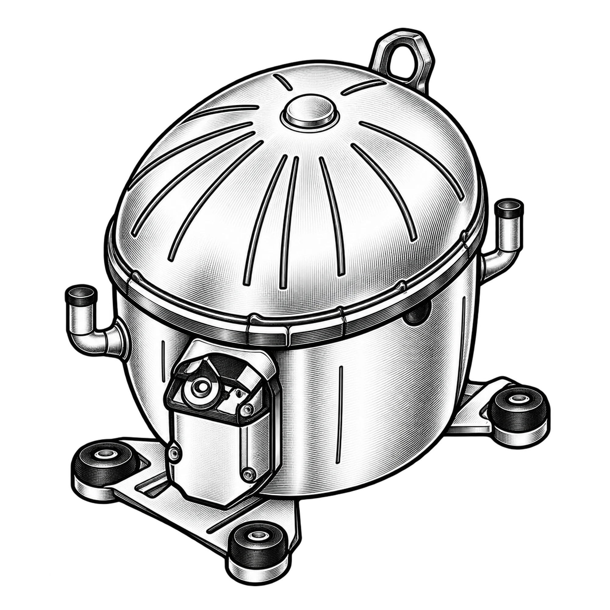 Technische Illustration eines hermetischen Kältemittelverdichters mit gesickter Haube und Transportöse, Symbolbild
