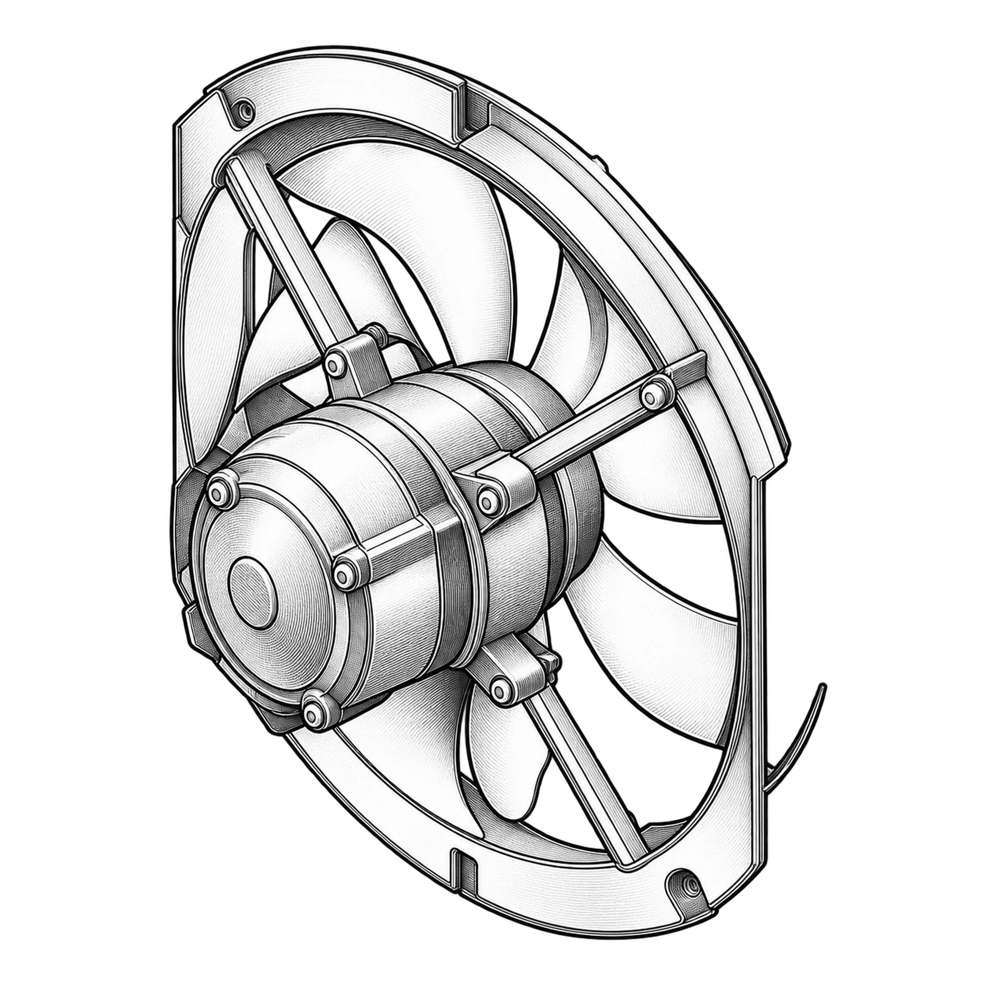 Technische Illustration eines Axialventilators mit Zarge und aufgesetztem Motor, Symbolbild
