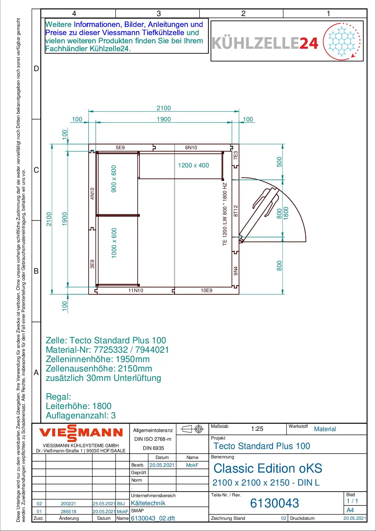 Viessmann Kühl-/Tiefkühlzelle Classic Edition flex | 2100 x 2100 x 2150 oder 2450 mm