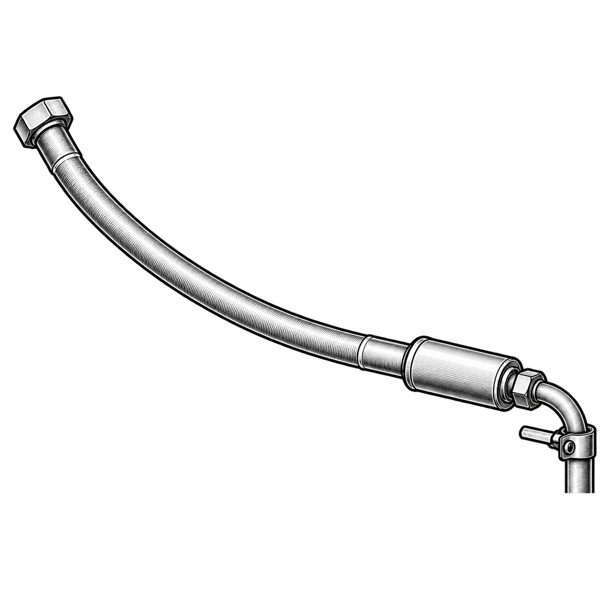 Technische Illustration eines gebogenen Heizschlauchs mit Überwurfmutter, Verbindungshülse und Rohrbogen, Symbolbild