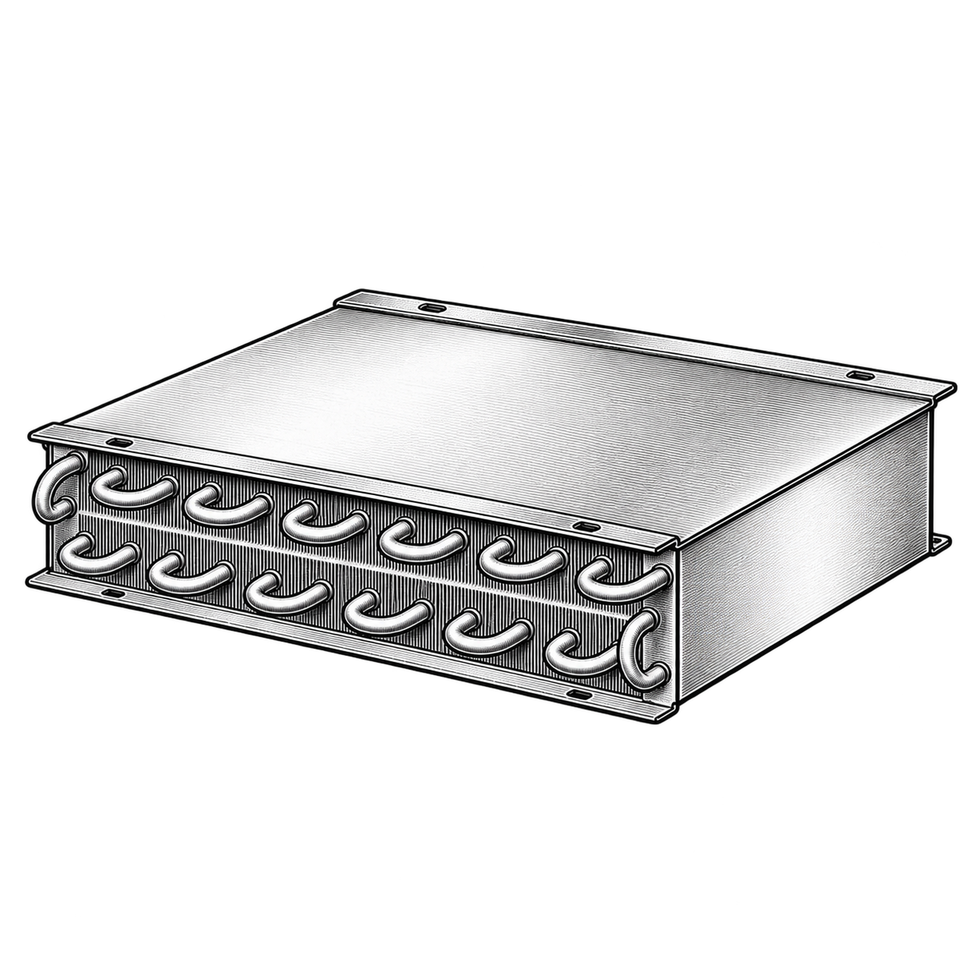 Technische Illustration eines flachen Lamellen-Wärmetauschers mit Rohrbögen an der Stirnseite, Symbolbild
