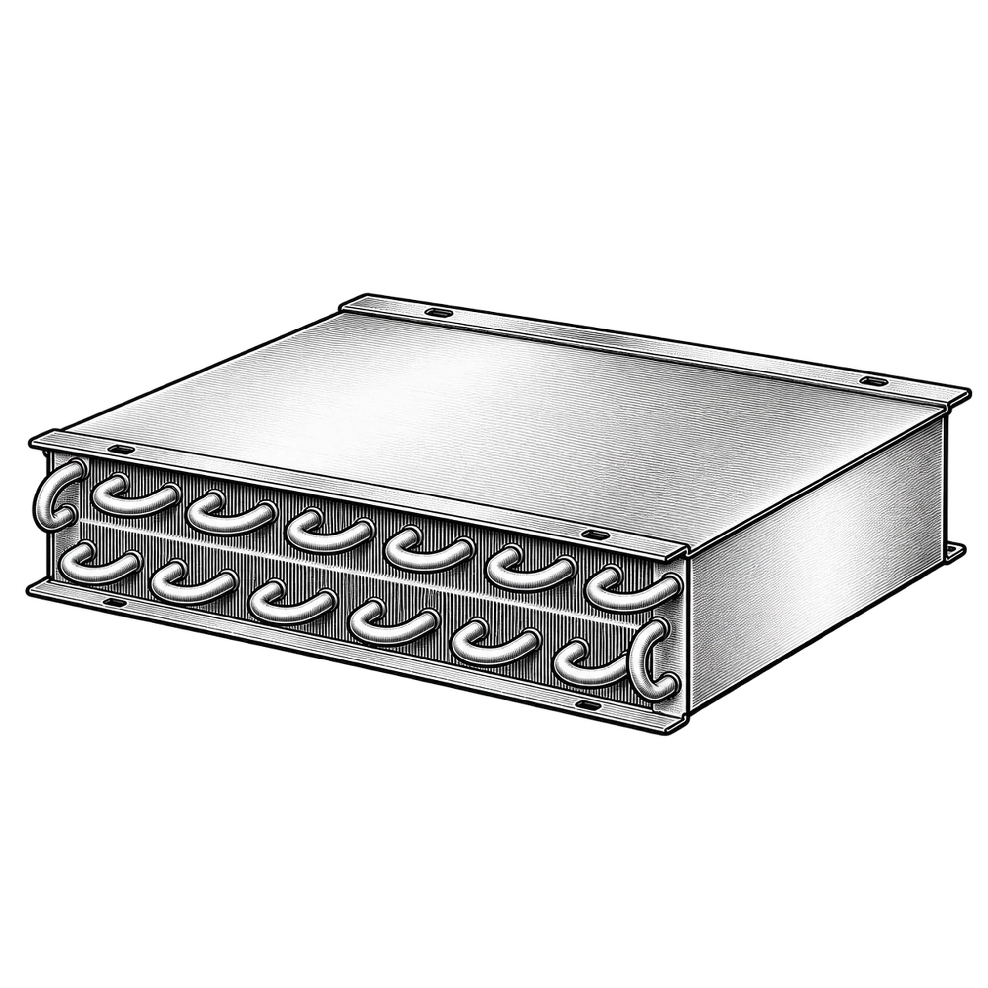 Technische Illustration eines flachen Lamellen-Wärmetauschers mit Rohrbögen an der Stirnseite, Symbolbild