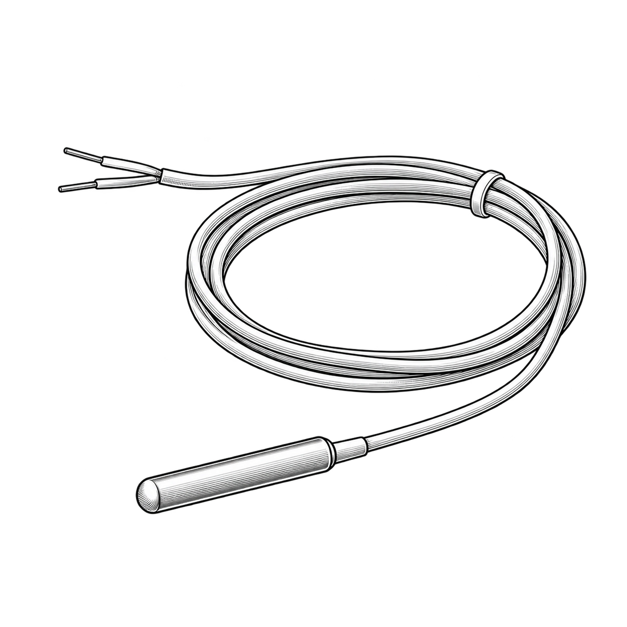 Technische Illustration eines Temperaturfühlers mit Anschlusskabel, Symbolbild