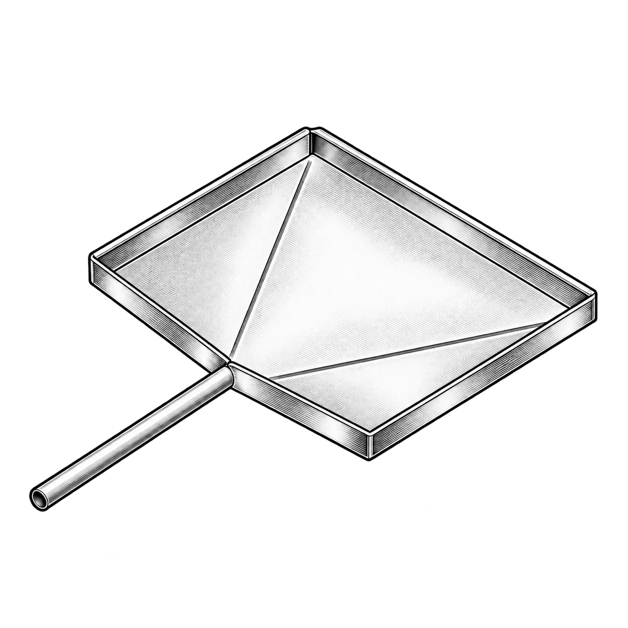 Technische Illustration einer flachen Tauwasserwanne mit Gefälle und langem Ablaufrohr, Symbolbild