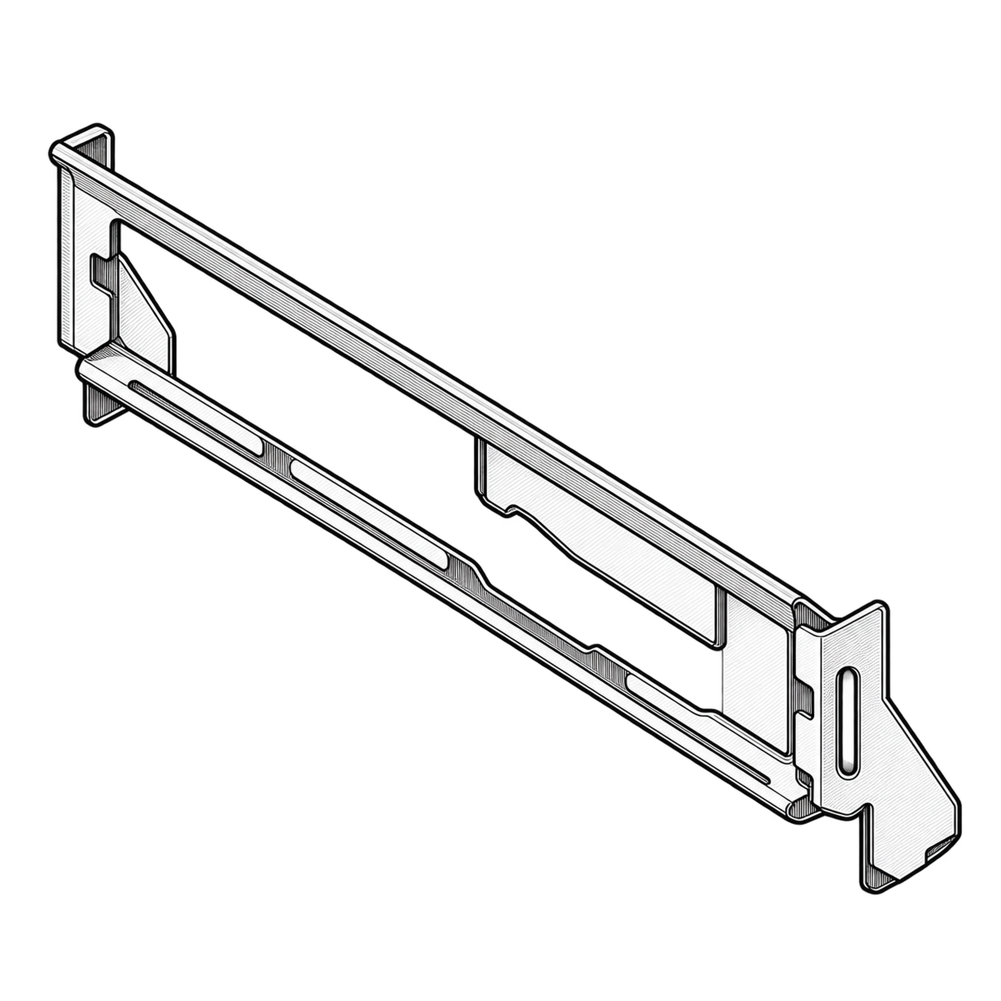 Technische Illustration einer langen Blechhalterung mit Aussparung und abgewinkelten Befestigungslaschen, Symbolbild