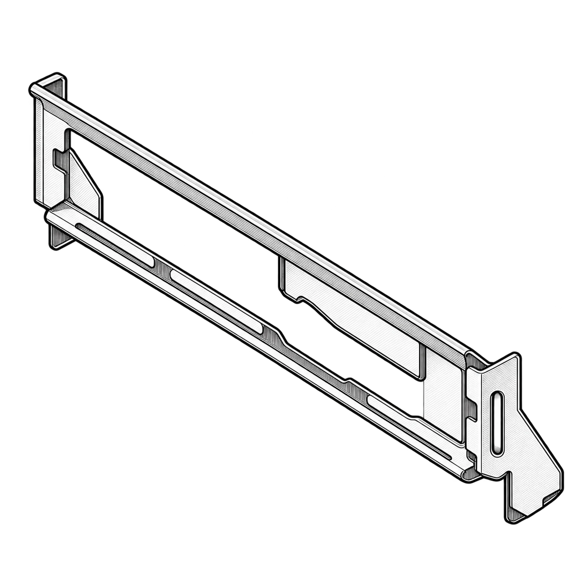 Technische Illustration einer langen Blechhalterung mit Aussparung und abgewinkelten Befestigungslaschen, Symbolbild