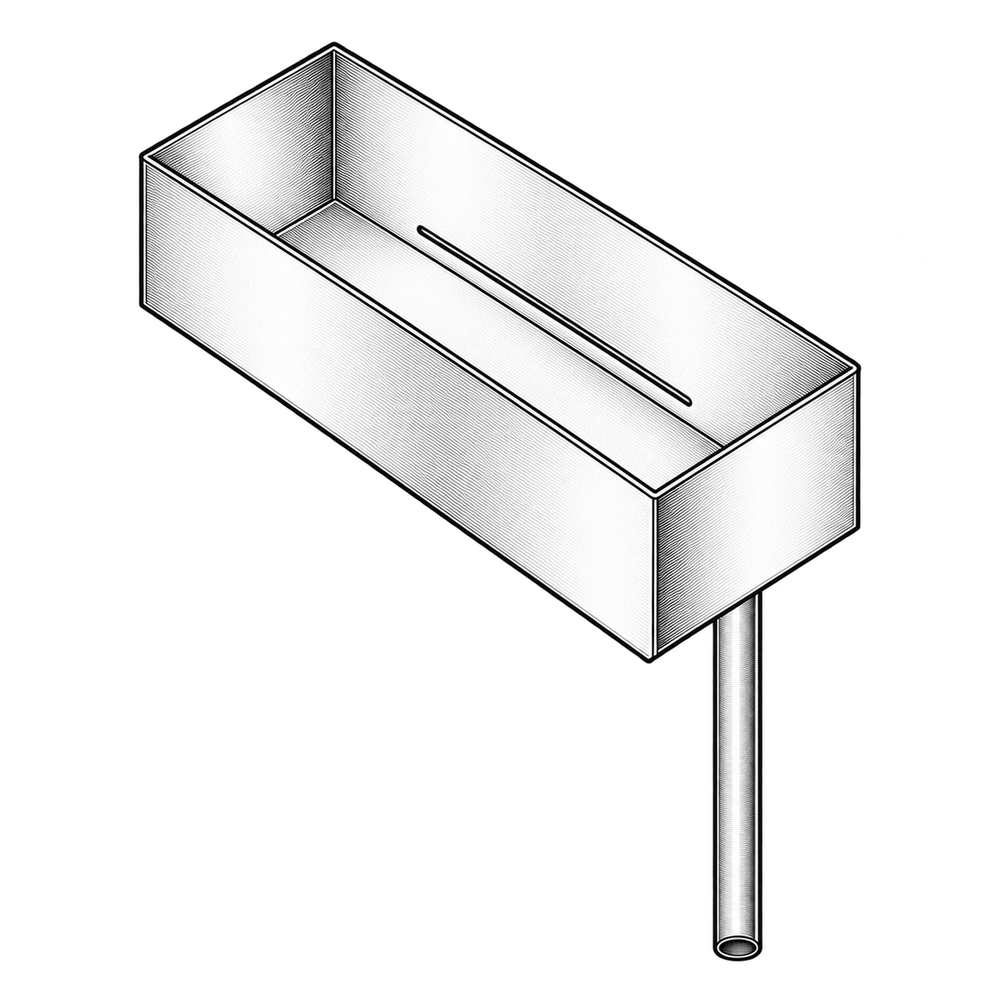 Technische Illustration einer rechteckigen Blechwanne mit Ablaufrohr, Symbolbild