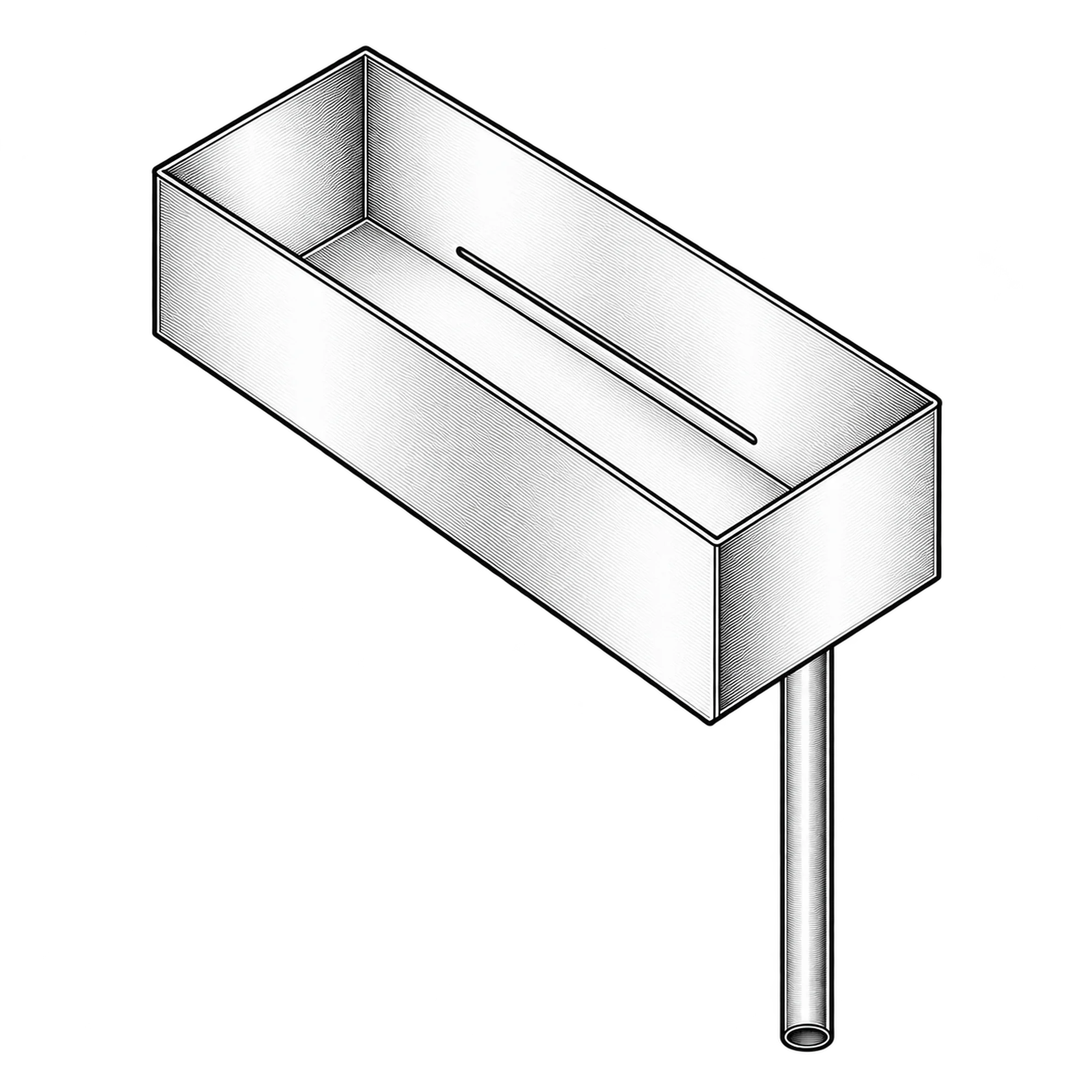 Technische Illustration einer rechteckigen Blechwanne mit Ablaufrohr, Symbolbild