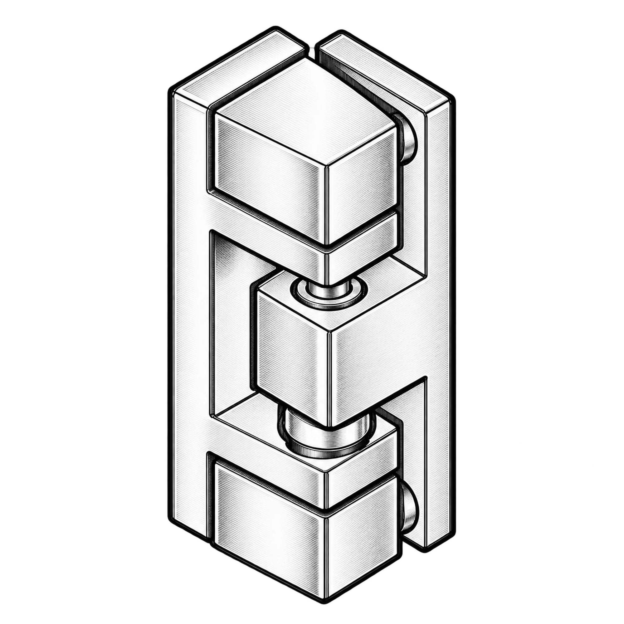Technische Illustration eines verchromten Türscharniers mit Steigung aus zwei ineinandergreifenden Hälften, Symbolbild