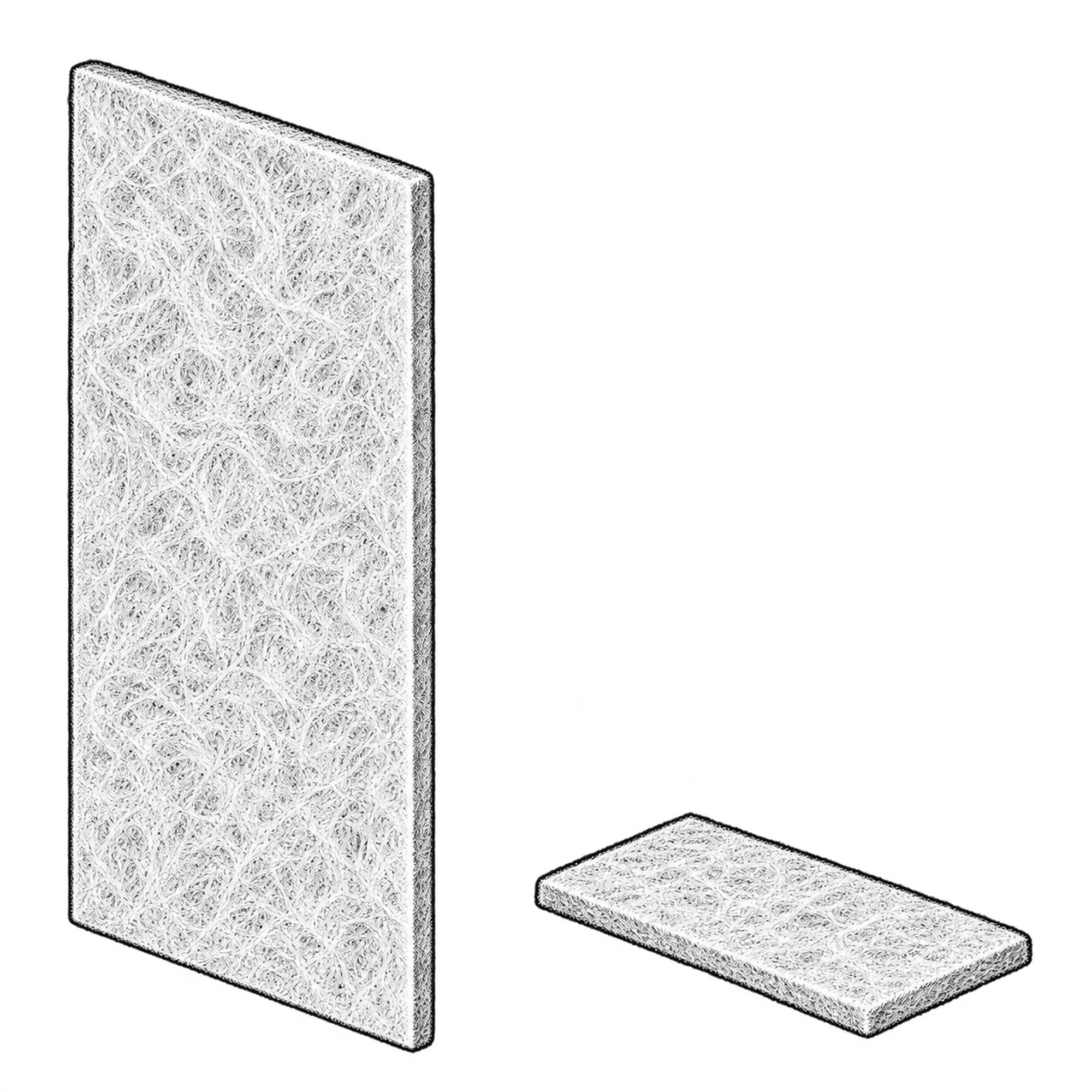 Technische Illustration zweier flacher Filtermatten aus Vlies in unterschiedlicher Größe, Symbolbild