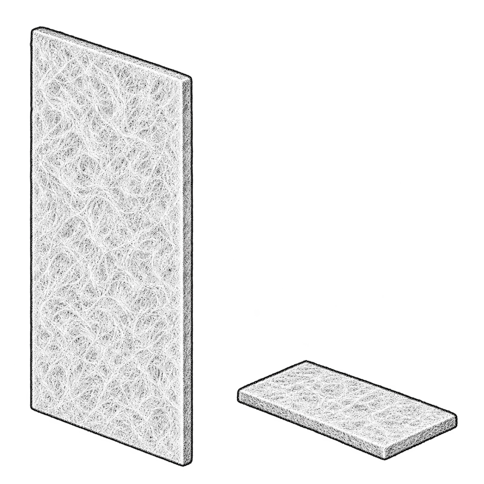 Technische Illustration zweier flacher Filtermatten aus Vlies in unterschiedlicher Größe, Symbolbild