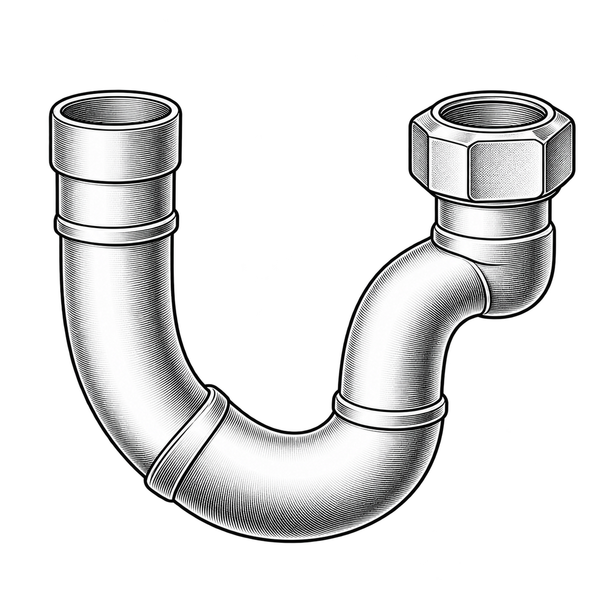 Technische Illustration eines U-förmigen Siphonrohrs mit Überwurfmutter, Symbolbild