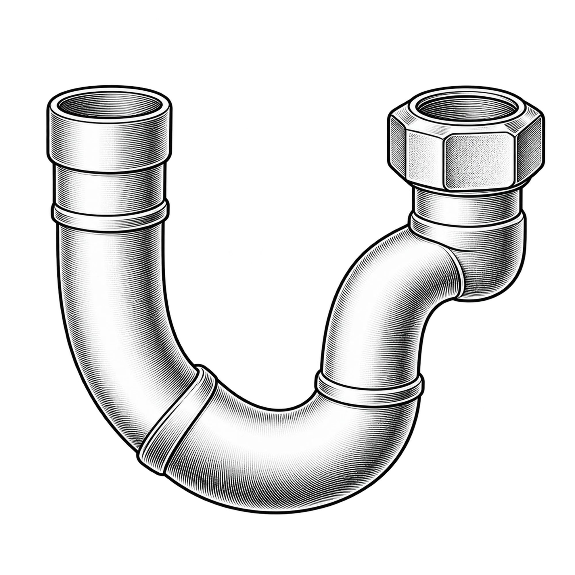 Technische Illustration eines U-förmigen Siphonrohrs mit Überwurfmutter, Symbolbild