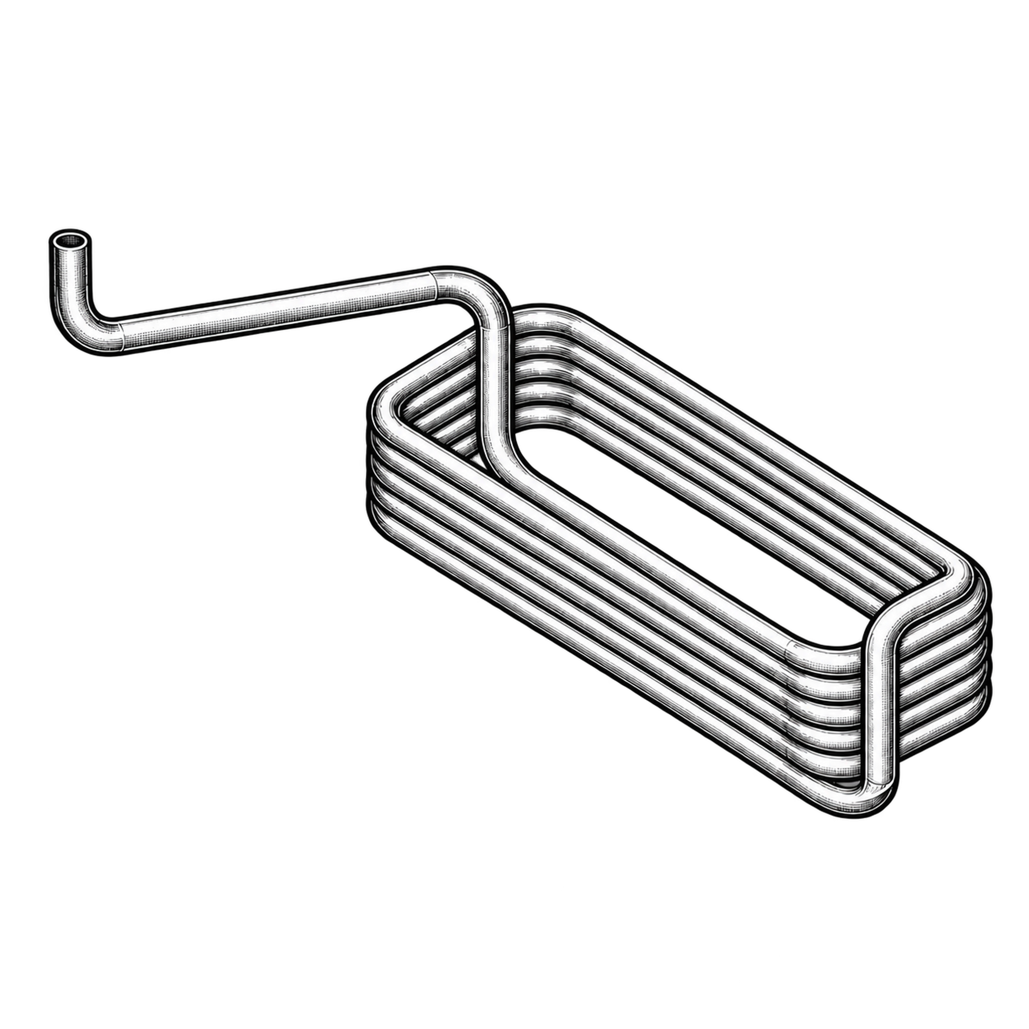 Technische Illustration eines zur flachen Schlange gebogenen Kupferrohrs mit Anschlussrohr, Symbolbild
