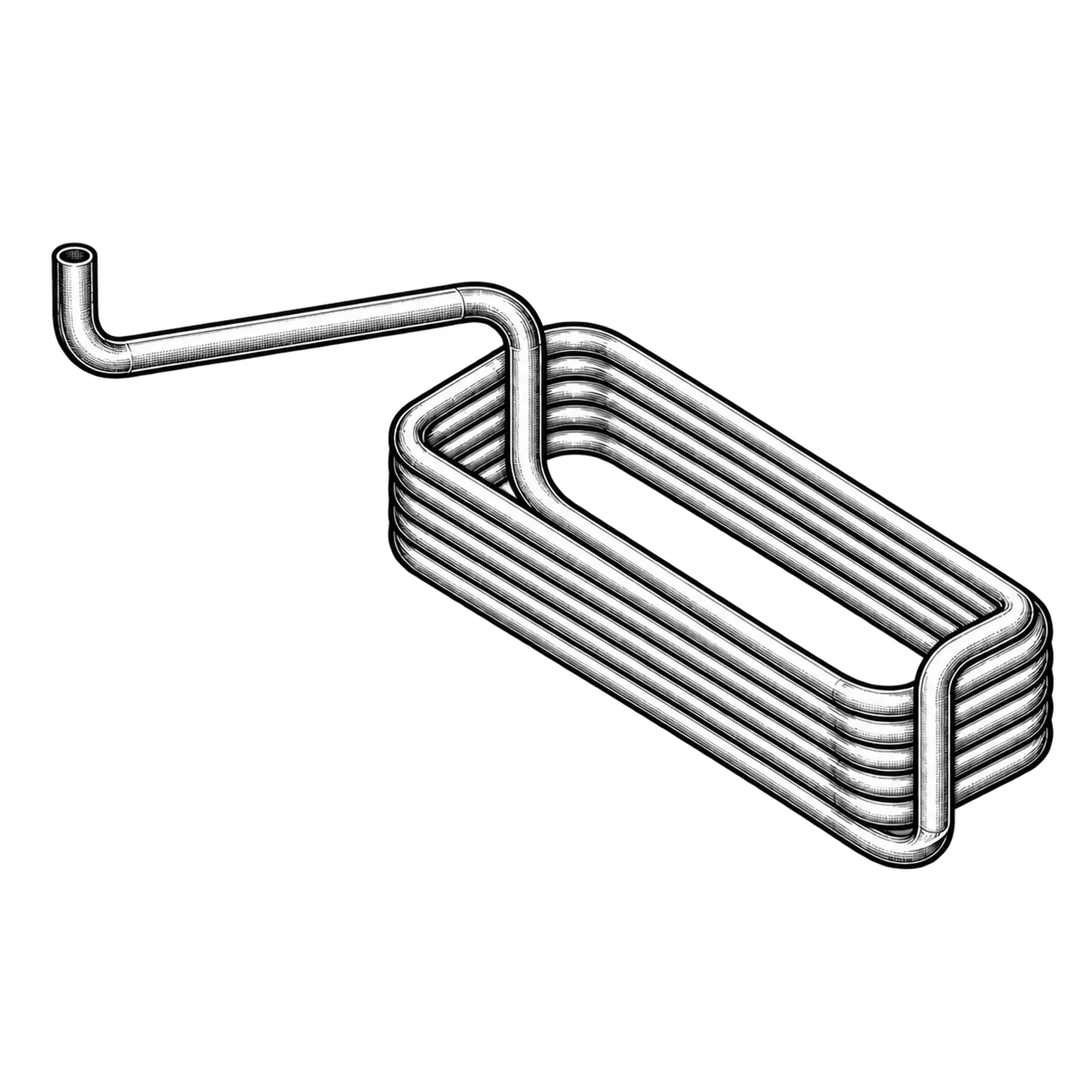 Technische Illustration eines zur flachen Schlange gebogenen Kupferrohrs mit Anschlussrohr, Symbolbild