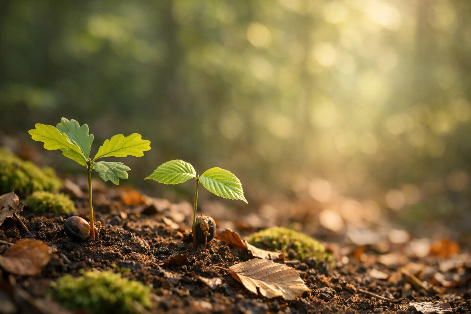 Junge Baumsetzlinge im Waldboden – Klimawaldprojekt und Baumspenden von Kühlzelle24