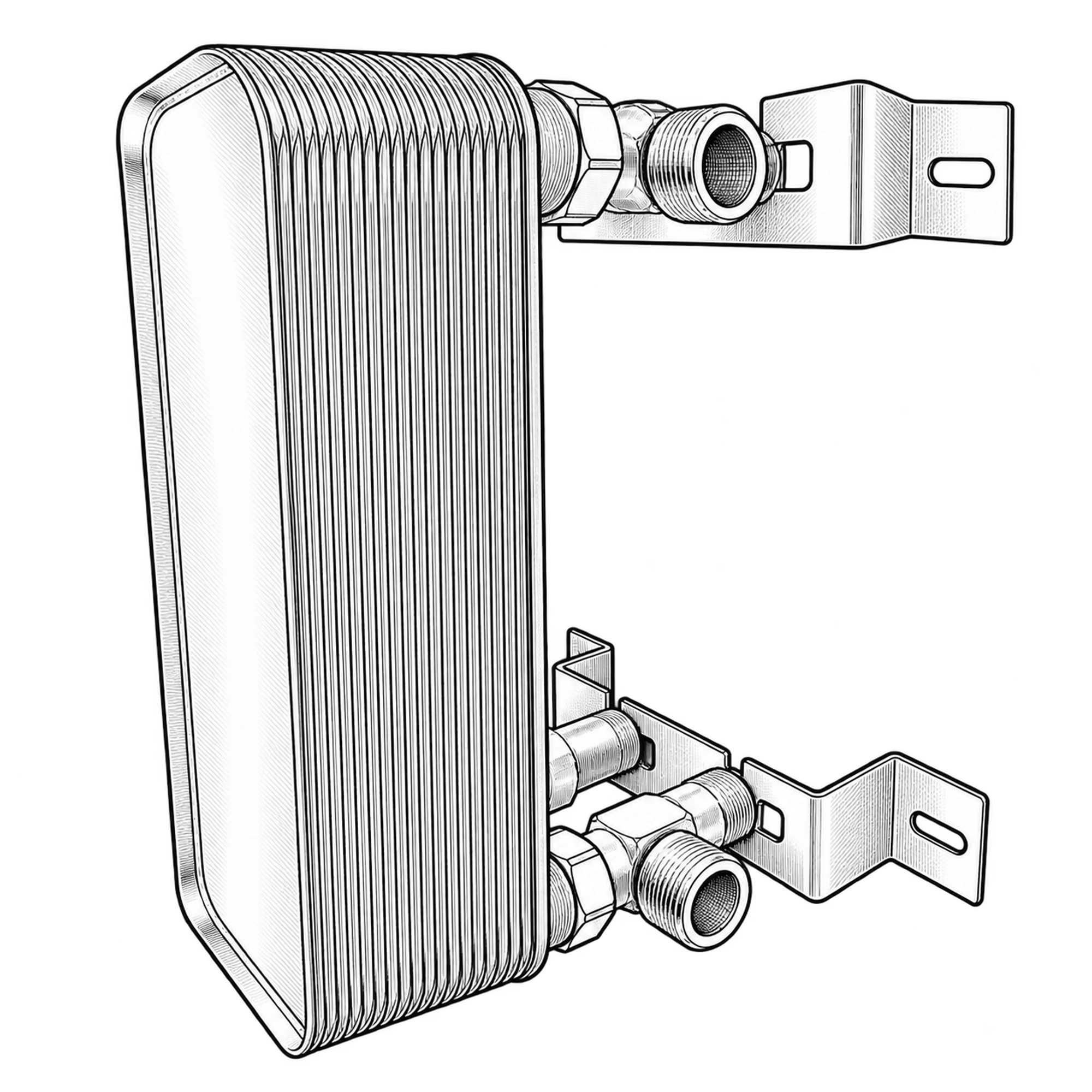 Technische Illustration eines gelöteten Plattenwärmetauschers mit Anschlüssen, Symbolbild
