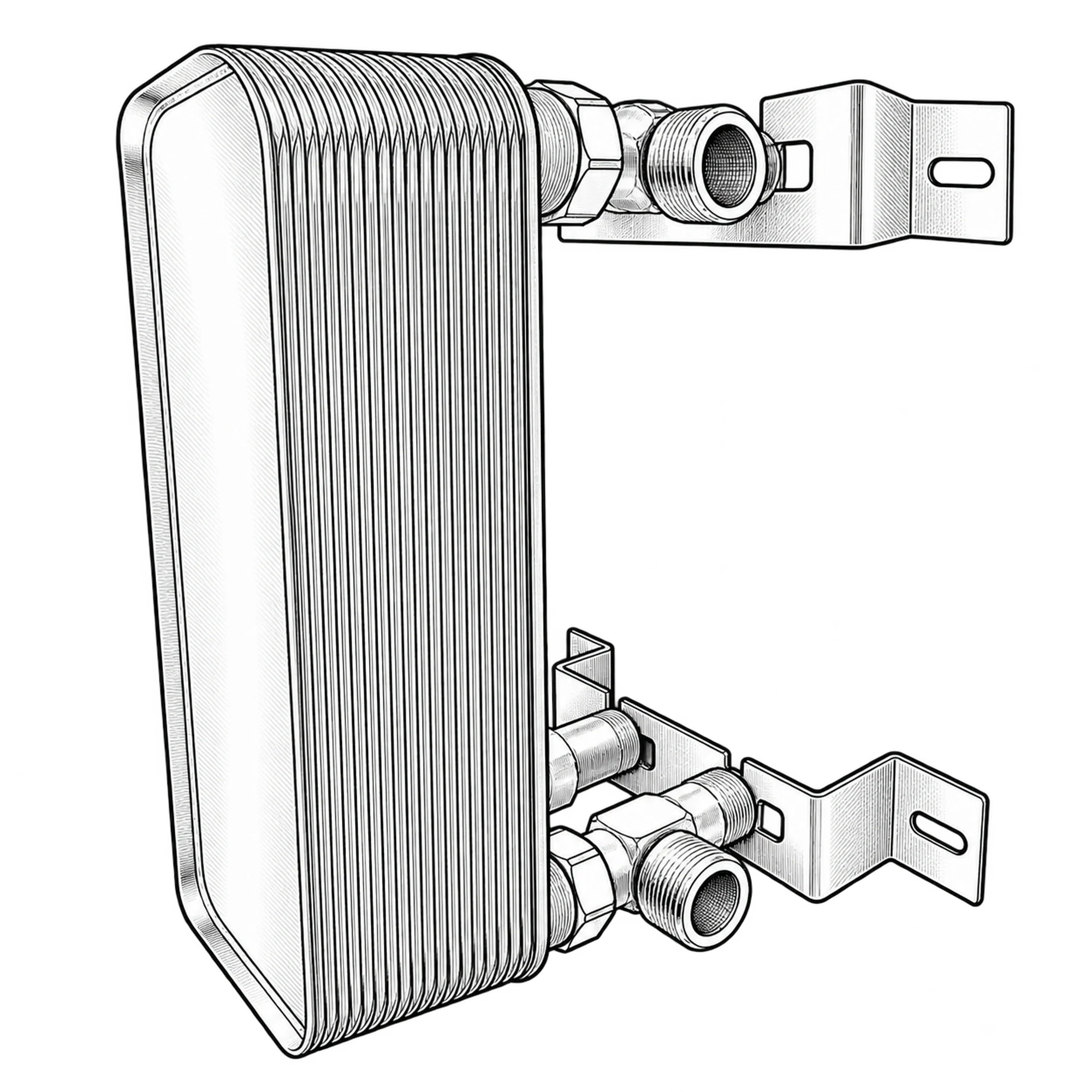 Technische Illustration eines gelöteten Plattenwärmetauschers mit Anschlüssen, Symbolbild