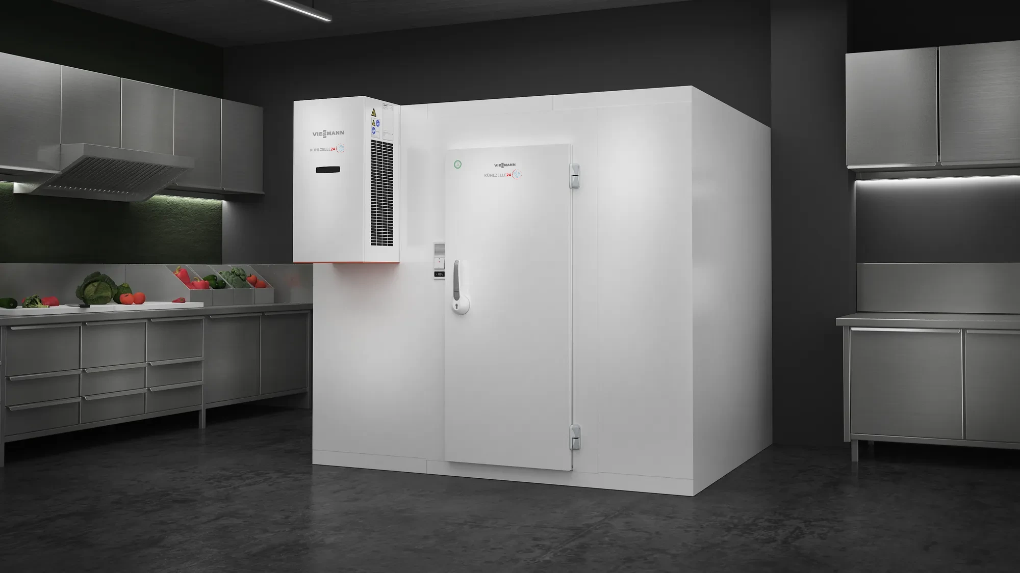 Viessmann Kühlzelle mit aufgesetztem Kühlaggregat TectoCore WMx5 in einer Gastronomieküche