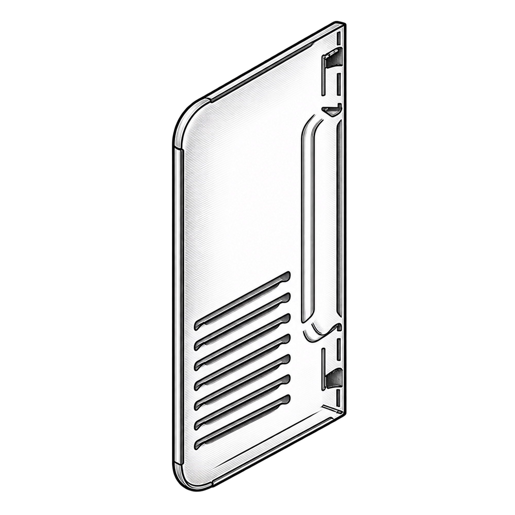 Technische Illustration eines Gehäuse-Seitenblechs mit Lüftungsschlitzen und Befestigungsflansch, Symbolbild