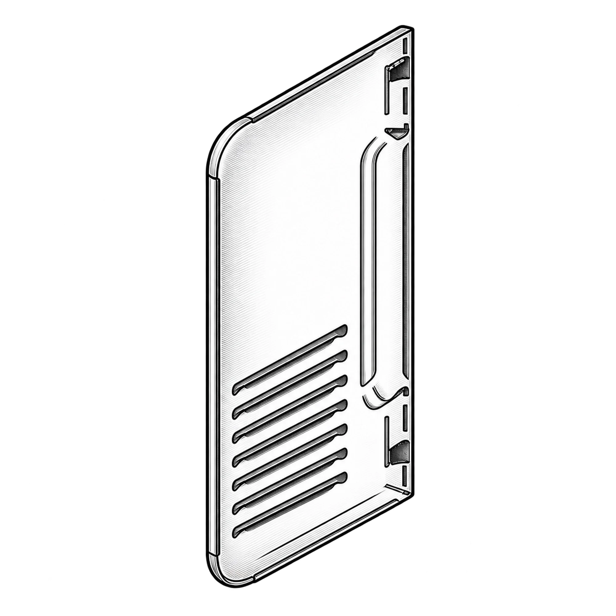 Technische Illustration eines Gehäuse-Seitenblechs mit Lüftungsschlitzen und Befestigungsflansch, Symbolbild