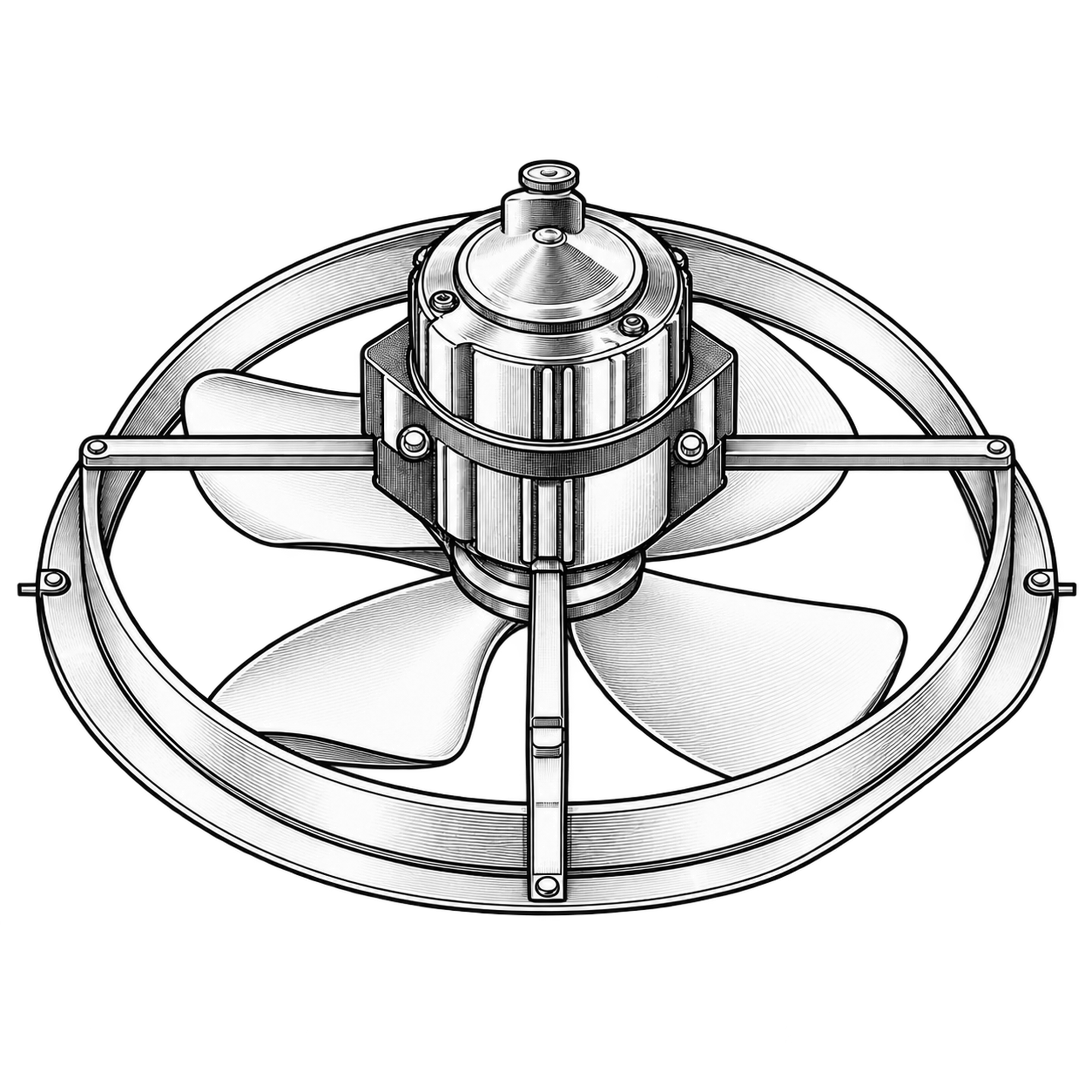 Technische Illustration eines Axialventilators mit Schutzring, Haltestreben und Motor, Symbolbild